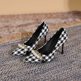 Plaid Pearl Detail Point Toe Stiletto Pumps OutfitFlow